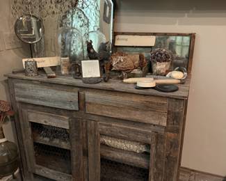 Pine weathered wood cabinet, mirrors, dress form, shaving mirror, garden cloche