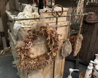 Crochet purses, metal display bar, dress form 