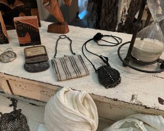 More antique purses, pocket watch, hour glass, carved horse head 