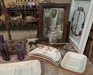 Ironstone, shaving mirror, bottles, dove roosting nest 