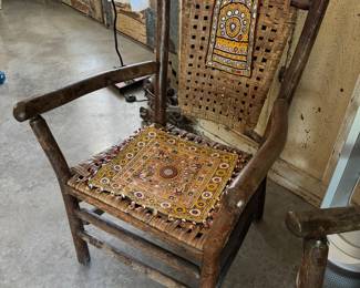 Antique Hickory arm chair with herringbone weave seat and back