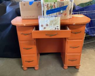 Adorable desk/ sewing table. Vintage patterns, buttons and thread