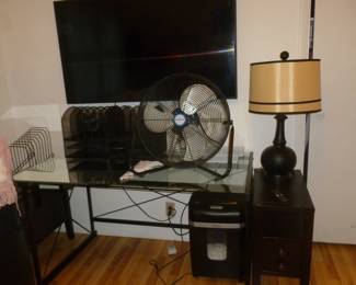 desk, fan, shredder, lamp, TV, etc
