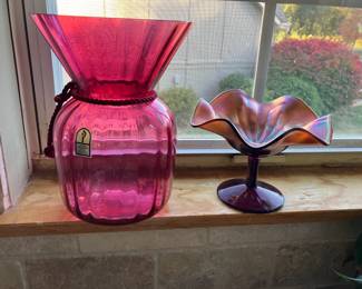 Pilgrim Glass cranberry glass vase, carnival glass compote