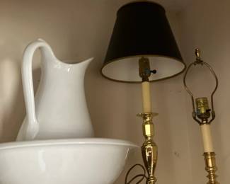 White pitcher and basin, Baldwin brass lamps