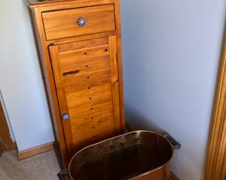 Tall narrow chest, antique copper boiler