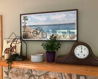 Signed framed print, potted plant, New Haven mantle clock