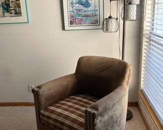Suede leather armchair w plaid cushion, contemporary floor lamp