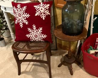 Antique chair w caned seat, small table/stand, large blue glass vase