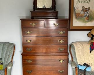 Mahogany highboy chest with separate vanity mirror