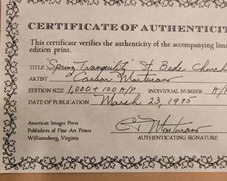 Certificate of Authenticity "Spring Tranquility" St. Bede Church, signed Caesar Monturano, March 23, 1995