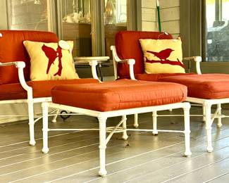 MCM Cast Metal outdoor chairs with cushions and ottomans