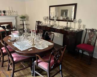 Formal Dining Table, Glassware, Bronze Urns, Sideboard Buffet Table