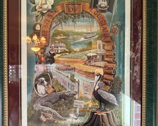 “Official Painting For The State Of Louisiana” print, with embossed Seal Of Louisiana bottom right AND original signatures of the artists Johnny O. Bell & Johnny F. Bell (father & son collaboration)…..framed