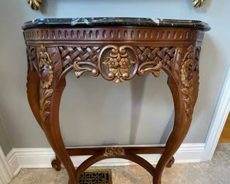 Carved wood and marble entry table
