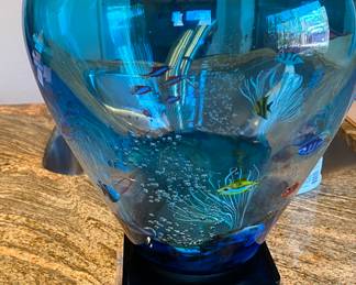 13"   Ogetti Fish Bowl Murano Vase by Roberto  Camozzo on lighted stand