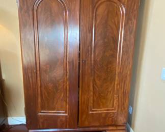 Large Walnut Burl antique wardrobe with shelves and drawers.  H8ft x W5 1/2 ft at top and D19" 