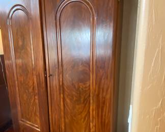 Large Walnut Burl antique wardrobe with shelves and drawers.  H8ft x W5 1/2 ft at top and D19" 