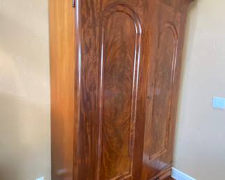 Large Walnut Burl antique wardrobe with shelves and drawers.  H8ft x W5 1/2 ft at top and D19" 