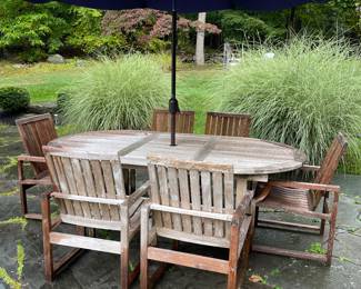 teak table, teak chairs, umbrella