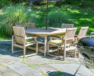 Teak Table, teak chairs and umbrella