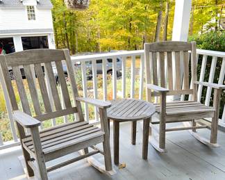 Smith and Hawkins rocking chairs, teak table