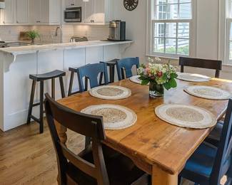 Farm table, counter stools chairs