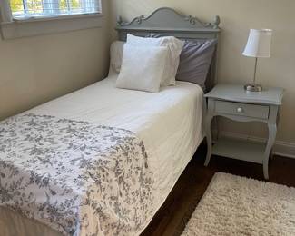 twin bed, nightstand, linens