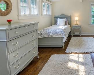 Stanley Dresser, Stanley twin bed, side table, linens, area rugs