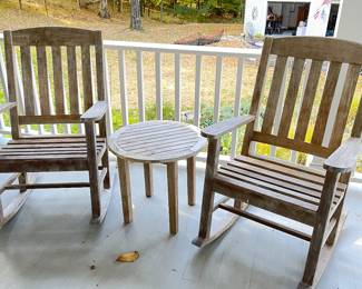 Smith and Hawkins rocking chairs, teak table