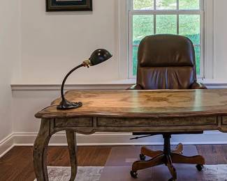 Office Desk, leather desk chair, table lamp