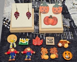 Vintage Button Covers Wood Pumpkin Earrings  Pin 