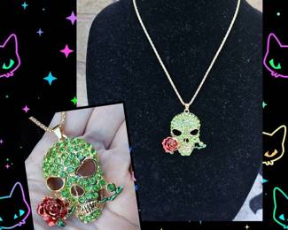 Shimmering Green Rhinestone Skull With Red Rose Necklace See Video