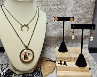 Witch With Black Cat Moon Necklaces  Black Cat  Ghostly Earrings
