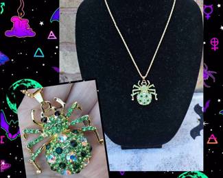 Gorgeous Green Spider With Iridescent Rhinestones Necklace See Video