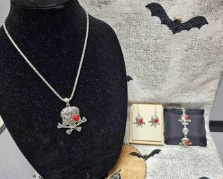 Red Heart Skull With Crossbones Necklace Earrings  Bracelet Set