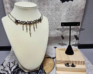 Black Cats Bats Earrings  Gothic Choker Necklace 