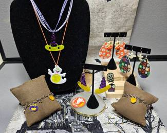 Fun Colorful Halloween Jewelry Lot  Vintage Ghost Necklace Reflector  Necklaces  Earrings  Etc