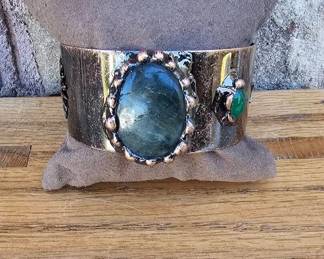 Blue Fiery Labradorite Cuff Bracelet With Sun Moon On Sides  Tested  See Pictures