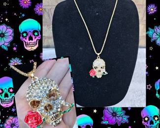 Playful Rhinestone Skeleton With Red Flower In Mouth Necklace See Video