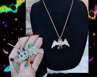 Enchanting Colorful Bat With Rhinestones Necklace See Video