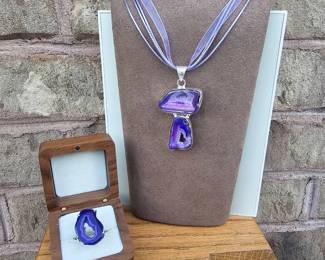 Passionately Purple Agate Geode Slice Ring Necklace