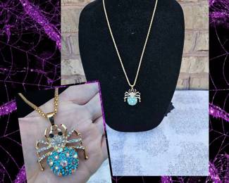 Blue With Iridescent Rhinestones Spider Necklace See Video