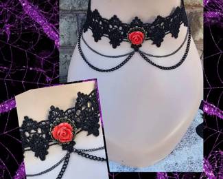 Gothic Lace With Red Rose Victorian Chocker Necklace 