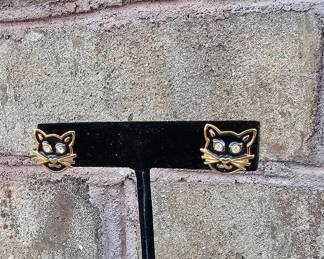 Vintage Gold Tone 1990s Avon  Black Cat Earrings 