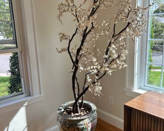 Faux Cherry Blossom In Oriental Planter Stand
