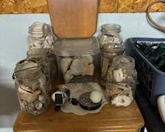 Lots of interesting rocks on a pretty table.