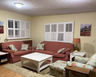 Sofa, loveseat, coordinating chair, ottoman, end table and coffee table.