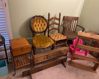 Various table, chairs, shelves, plate rack and tables