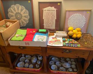 Sofa table, tea-sets, kitchen linens, Princess House wine decanter and pictures